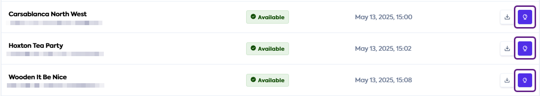 An image of three companies on the Spend Insights tab. A lightbulb icon is visible and highlighted next to every company entry.